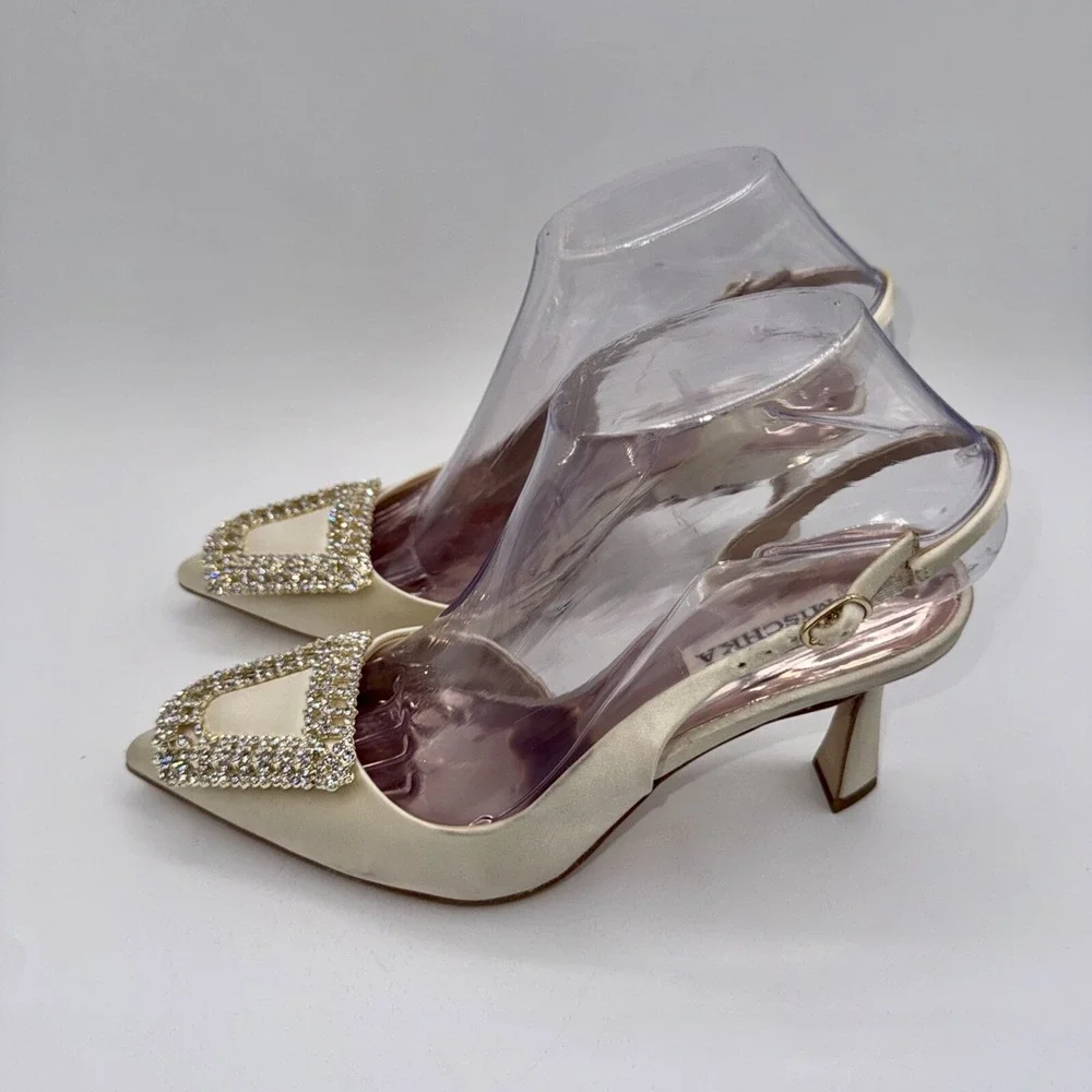 Badgley Mischka Enida Rhinestone Slingback Heels Women's Size 6‎ Champagne Satin